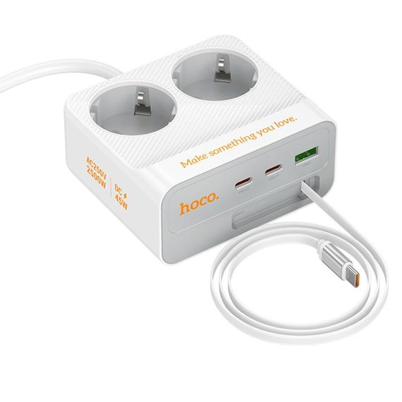 Подовжувач Hoco AC28 Descanso (PD45W/1C/3A/2xSocket) (2m) White | Зображення 2