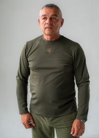 Утеплений лонгслів з вишитим золотим тризубом/гербом з довгим рукавом (олива)