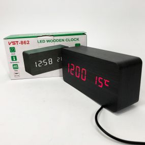 Годинник VST-862 чорне дерево червоне підсвічування, Цифровий настільний годинник квадратний