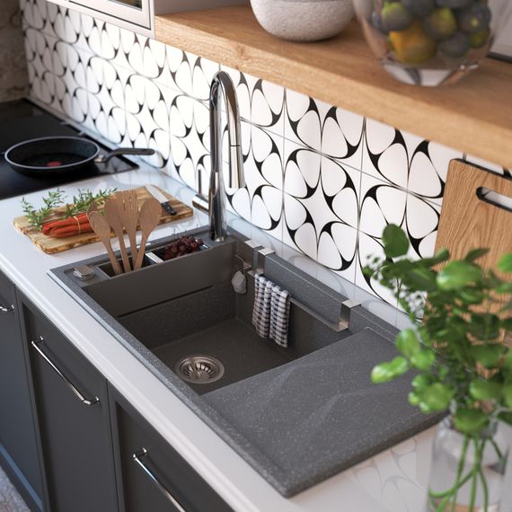 Мийка кухонна Deante Magnetic, граніт, прямокут., з крилом, 820х500х219мм, чаша - 1, накладна, антрацит (ZRM_T113) | Зображення 1