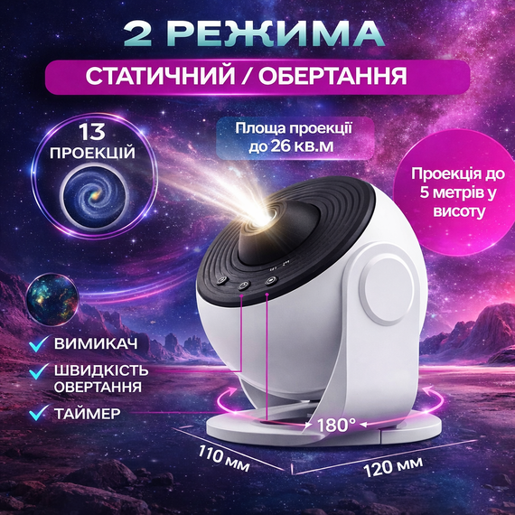 Проєктор зоряного неба Galaxy Projector з 13 змінними слайдами, таймером сну та LED-проекцією, що обертається | Зображення 3