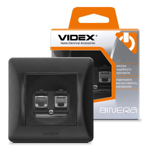 BINERA чорний графіт Розетка внутрішня 2-а CAT6+CAT6 комп'ютерна Videx | Зображення 2