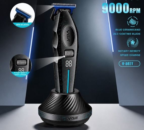 Тример для стрижки волосся VGR V-887T роторний LED-дисплей 3 насадки керамічні леза з підставкою 5 Вт Чорний | Зображення 4