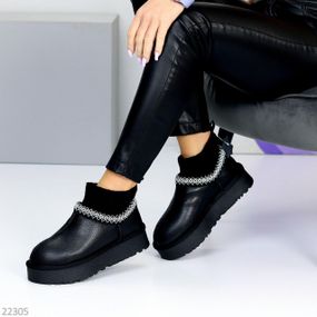 Черные низкие угги с текстильным манжетом натуральная кожа флотар