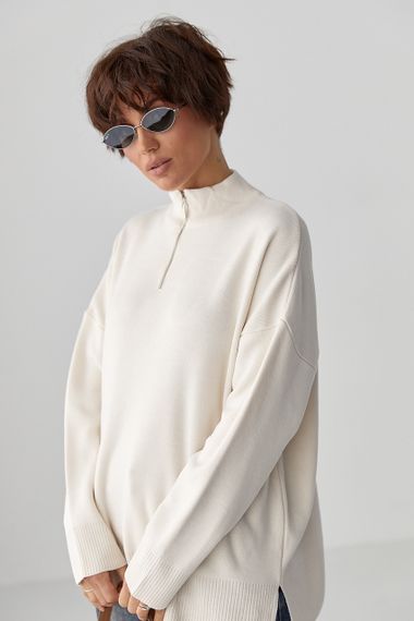 Светр оверсайз з блискавкою на горловині - молочний цвет, ONE SIZE (є розміри) | Зображення 4