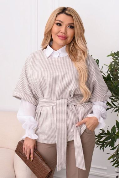 Женский костюм-тройка батал (48-58) | Мод 092: Кашемировый жилет, штаны тиар и шифоновая рубашка. 48-50, Коричневый | Зображення 1