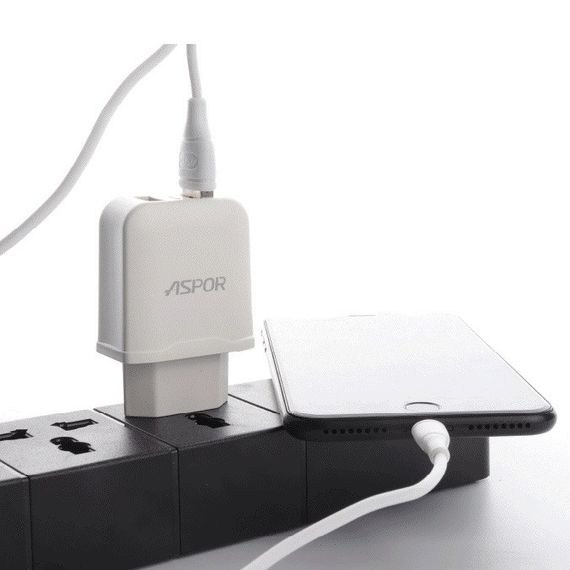 Мережевий зарядний пристрій Aspor A829 2 USB/2.4 A + USB кабель Micro-білий | Зображення 1