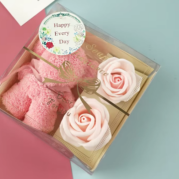 Ароматні троянди з мила з плюшевим другом, подарунок "Ведмедик і мильні троянди", 14*14*5cm | Зображення 3
