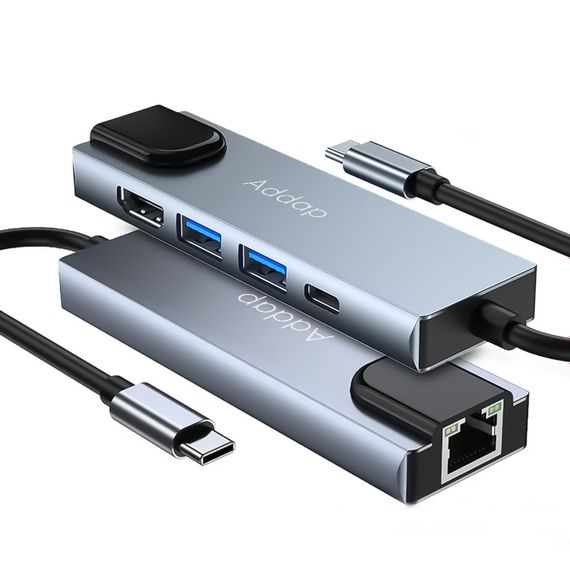 Многофункциональный USB Type-C хаб / разветвитель Addap MH-09s, концентратор 5в1: 2 x USB 3,0 + Type-C + HDMI + Ethernet Gigabit (0063) | Зображення 1