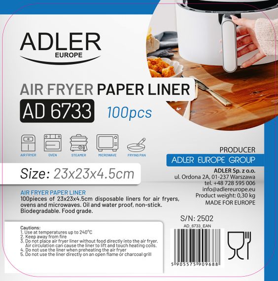 Паперові форми для аерогриля Adler AD 6733 23×23 см 100 шт для духовки та СВЧ | Зображення 9