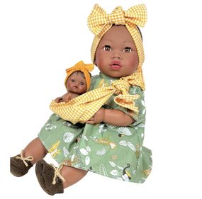 Испанская Кукла Африканка Нинес с Младенцем Виниловая Девочка Мулатка Без Волос в Чалме Nines d`Onil 40 см в Сумке