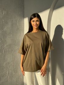 Женская футболка оверсайз трикотажная однотонная KV2024 цвет хаки, размер 42/52 onesize