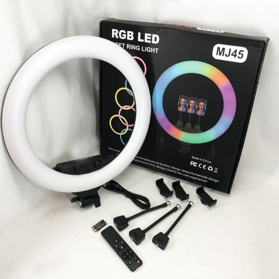 Кільцева LED лампа RGB MJ45 Ring 45 см комплектація адаптер із вбудованим кабелем, тримачі для телефону, пульт | Зображення 1
