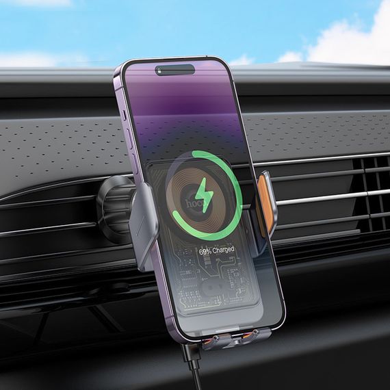 Автодержатель с БЗУ Hoco HW7 Transparent Discovery Edition (air outlet) Metal gray | Зображення 7