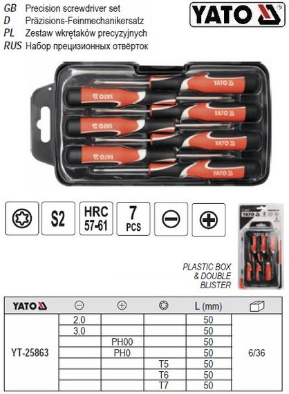 Набор отверток прецизионных YATO Польща TORX PH l=50 мм 7 штук YT-25863