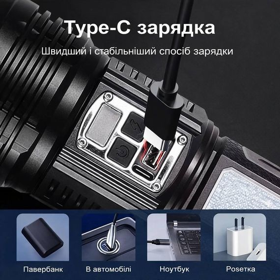 Потужний тактичний ліхтар 15000mAh з LED дисплеєм, COB підсвіткою та Power Bank, USB-C | Зображення 5