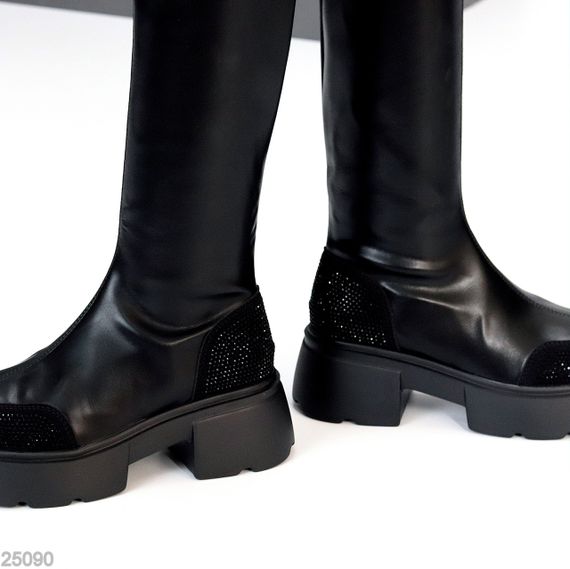 Ультра модні чорні чоботи стрейч ботфорти на тракторній підошві | Зображення 2