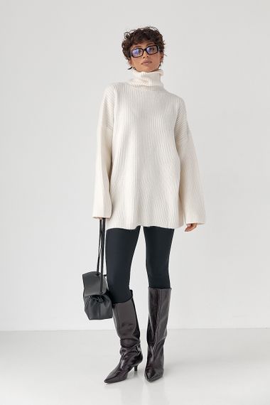 Тепла в'язана туніка в рубчик - молочний цвет, ONE SIZE (є розміри) | Зображення 2