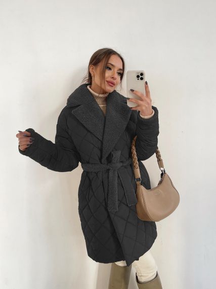 Стеганное пальто с меховым воротником, 90 см, (утеплено до -20'С) XL, Черный