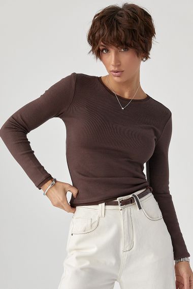 Однотонний лонгслів із сітчастою окантовкою - коричневий цвет, XL (є розміри) | Зображення 4