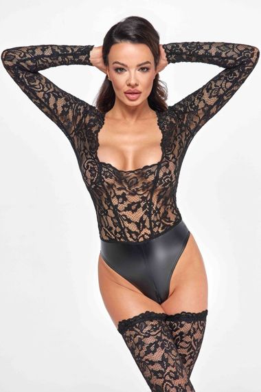Боди Noir Handmade F296 Psyche, 3XL, кружево, длинный рукав, низ под латекс, с доступом | Зображення 4