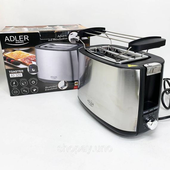 Тостер с регулятором Adler AD 3214 900Вт, Электро тостер Кухонный для тостов EU-23 | Зображення 1