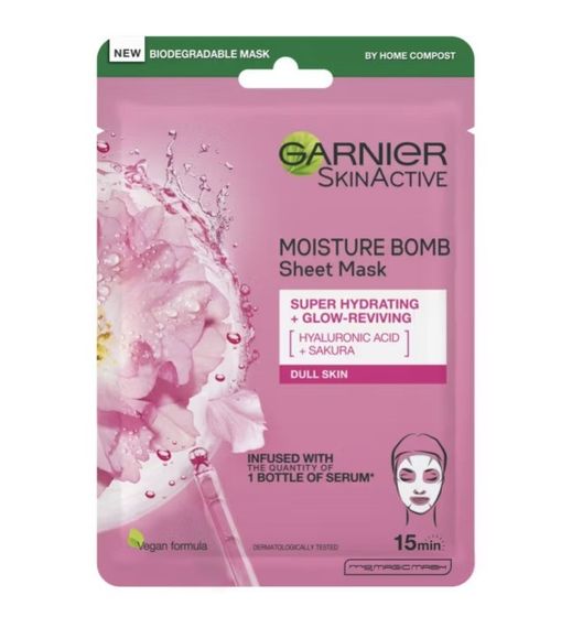 Тканинна маска джля обличчя Garnier Moisture Bomb Sakura And Hyaluronic Acid Face Sheet Mask Hydrating & Glow Reviving 28g