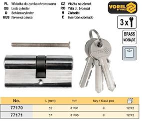 Сердцевина замка Польша латунь l=62 мм 31/31 мм 3 ключа VOREL-77170
