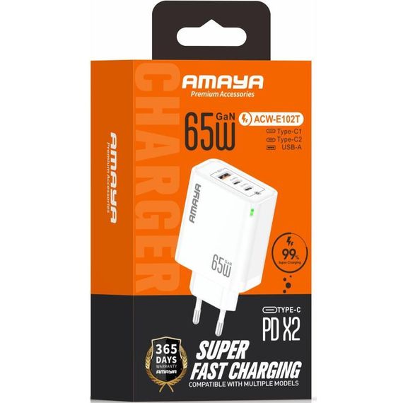 МЗП Amaya E102T PD65W+QC3.0 GaN (1USB-A/2C) White | Зображення 1