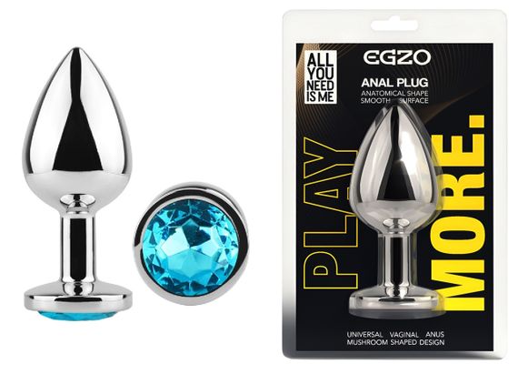 Анальна пробка з кристалом EGZO - Silver Round Plug Aqua size M Sex Aura