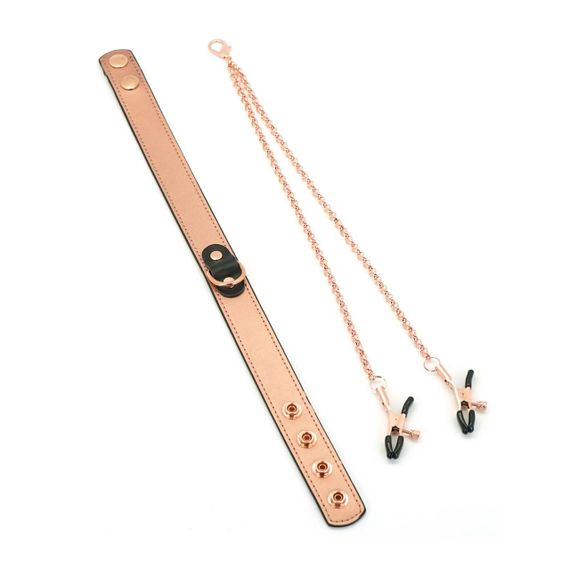Нашийник із затискачами для сосків Liebe Seele Rose Gold Memory Collar with Nipple Clamps, шкіра Sex Aura | Зображення 1
