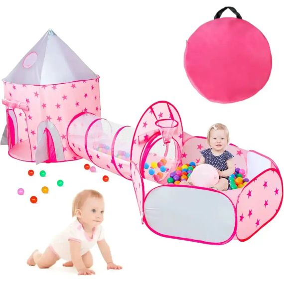 Детский игровой домик-палатка "Замок" 3в1 с туннелем и бассейном под шарики розовая | Зображення 2