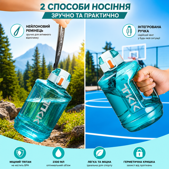 Спортивная бутылка TKK 2300 мл (2.3 л) - Бирюзовый Tritan BPA-free, ударопрочная эко-бутылка с ручкой и клапаном | Зображення 3