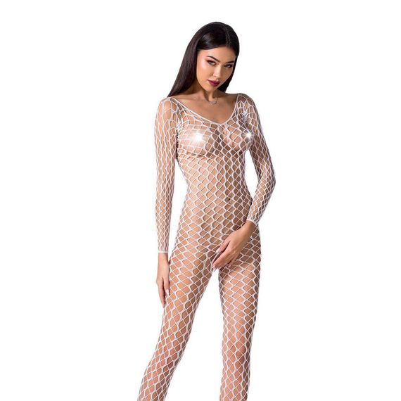 Бодістокінг Passion BS068 white, комбінезон, велика сітка, довгий рукав, S/M/L
