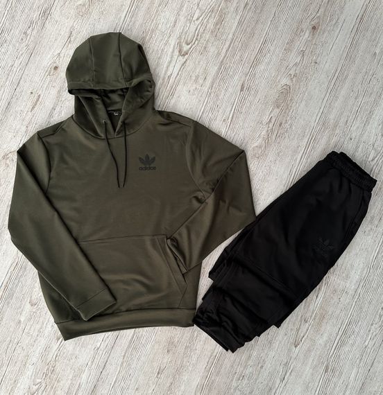 Комплект 3 в 1 Демісезонний спортивний костюм Adidas худі хакі + чорні штани (двонитка) + Футболка хакі Adidas | Зображення 1