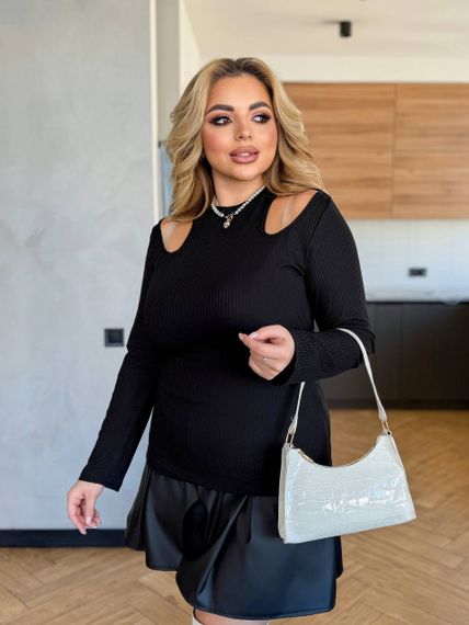 Женская кофта-лонгслив в рубчик с вырезами на плечах МТ357 цвет черный, размер 54/56