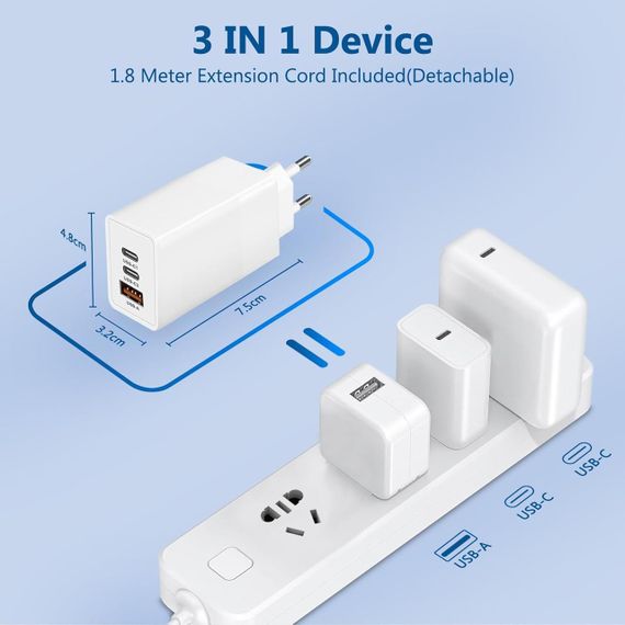 Зарядний пристрій USB C потужністю 65 Вт, 3 порти PD3.0 GaN, швидке заряджання Type C, подавання живлення з кабелем | Зображення 3
