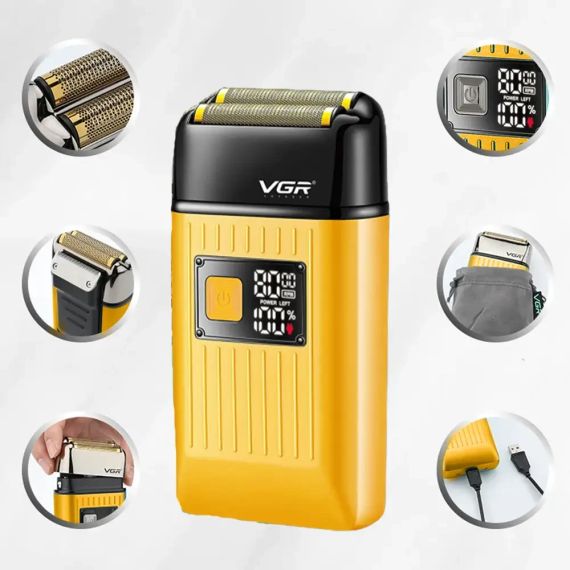 Електробритва шейвер VGR V-357 з USB і LED-дисплеєм, Жовта/Акумуляторна бездротова чоловіча бритва | Зображення 1