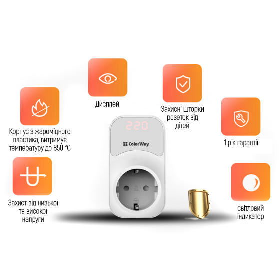 Реле напруги 16А 3680W 150V-210V/230V-280V білий DS1 ColorWay