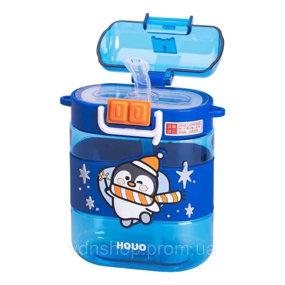 Пляшка для води дитяча з трубочкою та ремінцем 560 мл пляшечка для пиття в школу 15 см Синя HP-14-36BL | Зображення 4