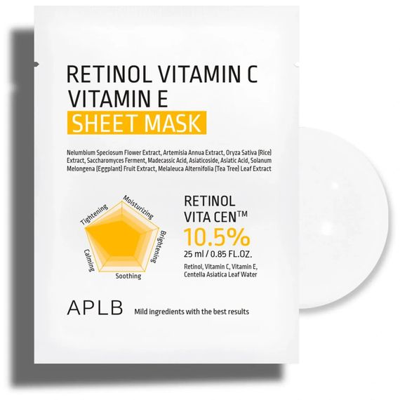 Тканевая маска для упругости и сияния кожи с ретинолом APLB Retinol Vitamin C Vitamin E Sheet mask (25 ml)