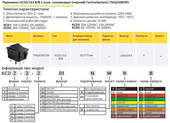 Перемикач KCD2-213 B/B 1 клавіша чорна самоповернення Ny95500783 | Зображення 1