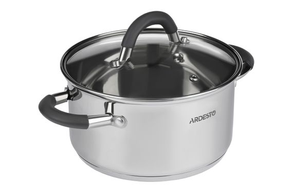 Кастрюля Ardesto Gemini Salerno, стеклянная крышка, 1.2 л,серые ручки с силиконом,нержавеющая сталь (AR1912CS)