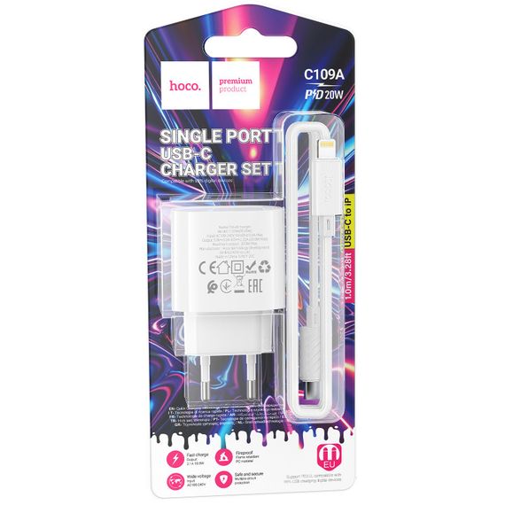 МЗП Hoco C109A Fighter PD20W+QC3.0 (1USB-A/1C) + кабель Type-C to Lightning White | Зображення 1