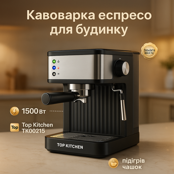 Кавоварка Еспресо Top Kitchen TK00215 ріжкова 1500Вт 1,8л 1-3 чашки еспресо 15 Бар EK-93