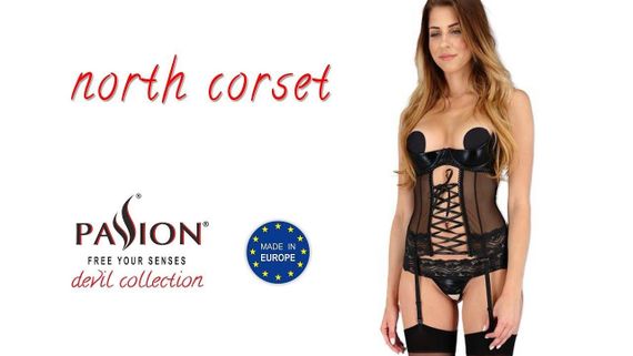Корсет з відкритими грудьми - пажі, трусики, шнурівка Passion Exclusive NORTH CORSET, Черный, S, M, S/M, Маленький размер | Зображення 2