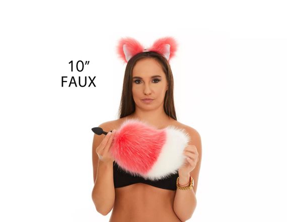 Анальний хутряний хвіст без пробки, Яскраво-рожевий з білим кінчиком, OKOVA Sex Aura