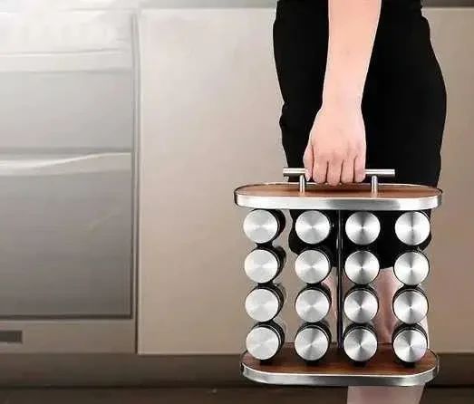 Карусель для спецій набір для спецій 16 ємностей Stainless steel and wood / органайзер для зберігання спецій | Зображення 3