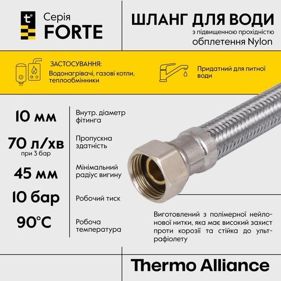 Шланг Forte для воды D10 60 см NYLON 1/2"x1/2" ВВ TAF383W60 Thermo Alliance | Зображення 3
