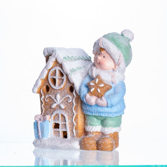 Новорічна декоративна фігурка з підсвіткою 15×8×16 см Новорічний декор Дитина з будиночком з порцеляни CR-6-3 | Зображення 1